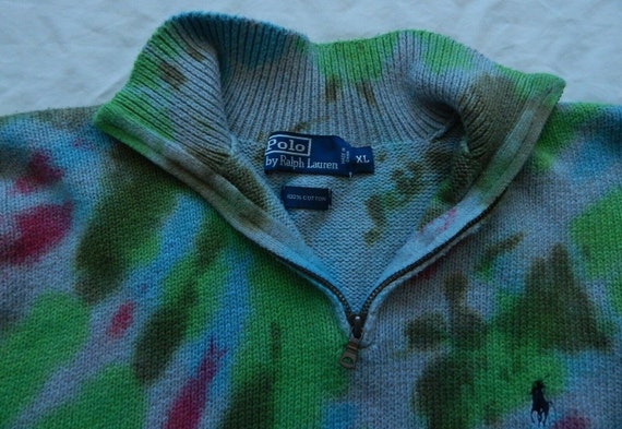 Tie Dye Blue Green Half Zip Turtleneck Sweater XL Mens Cotton Hand