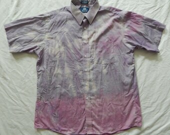 Tie Dye Purple Gray Pink Short Sleeve Button Down Shirt - XL Mens Hand Made 17