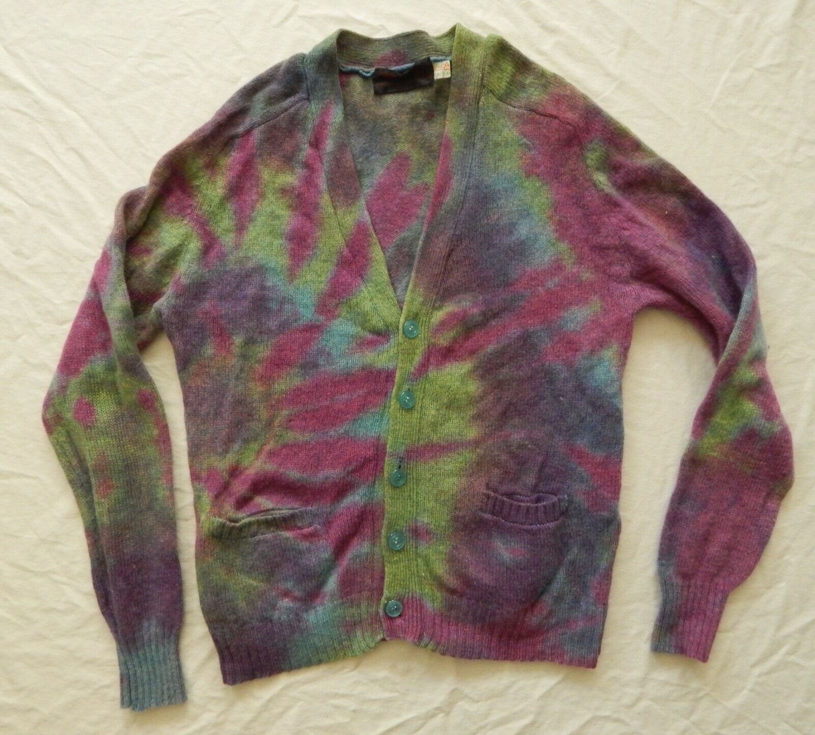 VintageGoldTreasure Wool Tie Dye Purple Green Cardigan Sweater - Small Mens Hand Made Psychedelic