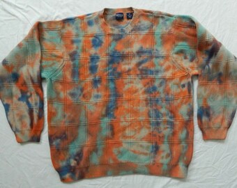 Tie Dye Orange Blue Knit Striped Crew Pullover Sweater - XL Mens Cotton Hand Made