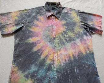 Tie Dye Black Pink Short Sleeve Button Up Shirt - 2XLT Mens Hand Made XXL Tall