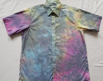 Tie Dye Blue Black Pink Short Sleeve Button Up Shirt - Large Mens Hand Made