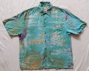 Silk Tie Dye Blue Green Striped Button Up Shirt - XL Mens Hand Made Psychedelic