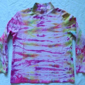 Tie Dye Purple Pink Green Long Sleeve Turtleneck Shirt - XL Ladies Hand Made Yellow Striped