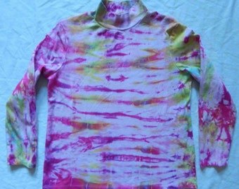 Tie Dye Purple Pink Green Long Sleeve Turtleneck Shirt - XL Ladies Hand Made Yellow Striped