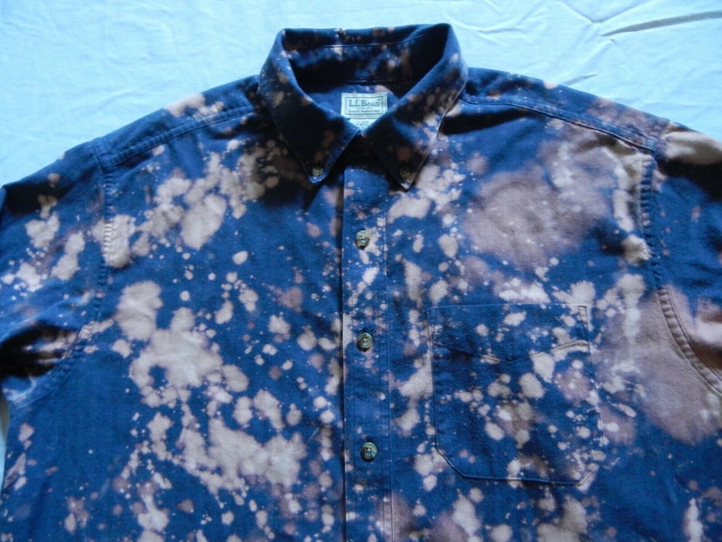 Bleach Tie Dye Blue Long Sleeve Button Down Shirt Bean Hand Made Psychedelic Large Mens L.L