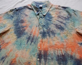 Tie Dye Blue Orange Short Sleeve Button Up Shirt - XL Mens Hand Made Linen