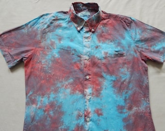Tie Dye Blue Red Short Sleeve Button Down Shirt - Small Mens Hand Made