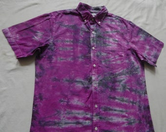 Tie Dye Purple Black Striped Short Sleeve Button Down Shirt - Medium Mens Slim Fit Hand Made Psychedelic