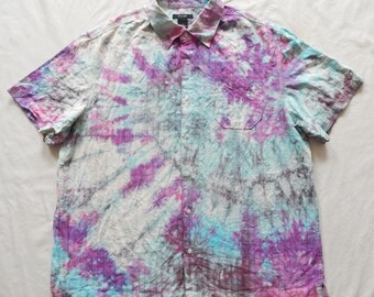 Silk Tie Dye Purple Pink Blue Short Sleeve Button Up Shirt - XL Mens Hand Made