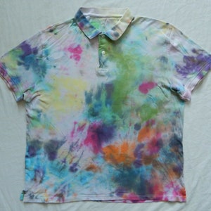 Tie Dye Black Rainbow Abstract Short Sleeve Polo Shirt - XL Mens Hand Made Psychedelic