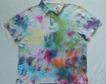 Tie Dye Black Rainbow Abstract Short Sleeve Polo Shirt - XL Mens Hand Made Psychedelic