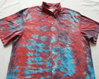 Tie Dye Red Blue Striped Short Sleeve Button Up Shirt - XL Mens Hand Made