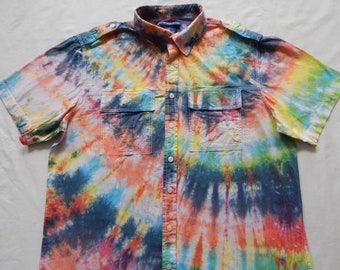 Tie Dye Black Rainbow Short Sleeve Button Up Shirt - XL Mens Hand Made Cotton Psychedelic