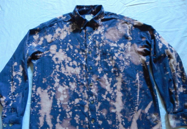 Bleach Tie Dye Blue Long Sleeve Button Down Shirt Bean Hand Made Psychedelic Large Mens L.L