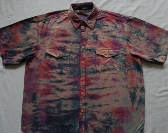 Tie Dye Black Purple Pink Striped Short Sleeve Button Up Shirt XL Mens Hand Made