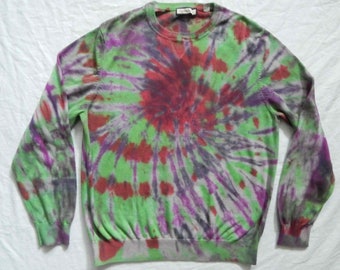 Tie Dye Red Green Purple Crewneck Sweater - Large Mens Cotton Hand Made Psychedelic