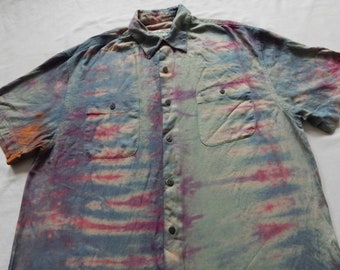 Tie Dye Blue Purple Striped Short Sleeve Button Up Shirt - Large Mens Hand Made