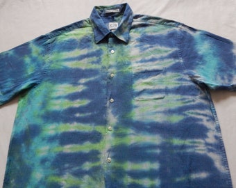 Tie Dye Green Blue Striped Short Sleeve Button Up Shirt XL Mens Hand Made Rayon