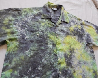 Tie Dye Yellow Black Short Sleeve Button Up Shirt - XL Mens Hand Made 17 Ramie