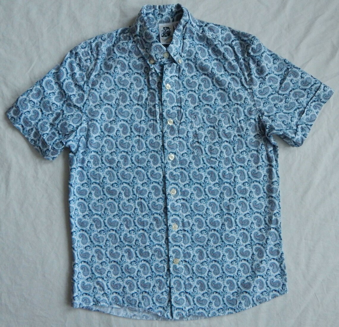 Paisley Blue White Short Sleeve Button Up Shirt Medium Mens | Etsy