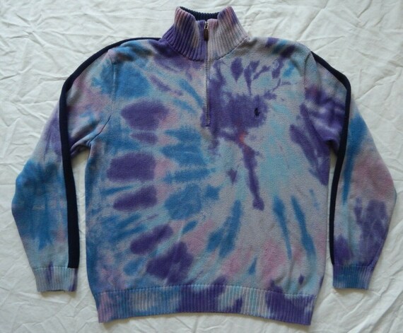Tie Dye Blue Purple Half Zip Turtleneck Sweater XL Mens Hand Made