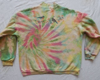 Tie Dye Green Pink Birds Turtleneck Sweatshirt - Large Womens Hand Made Ladies