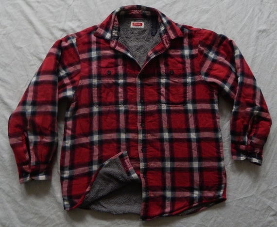 Fleece Lined Red Black Plaid Quilted Flannel Shirt Jacket Medium Mens  Insulated 