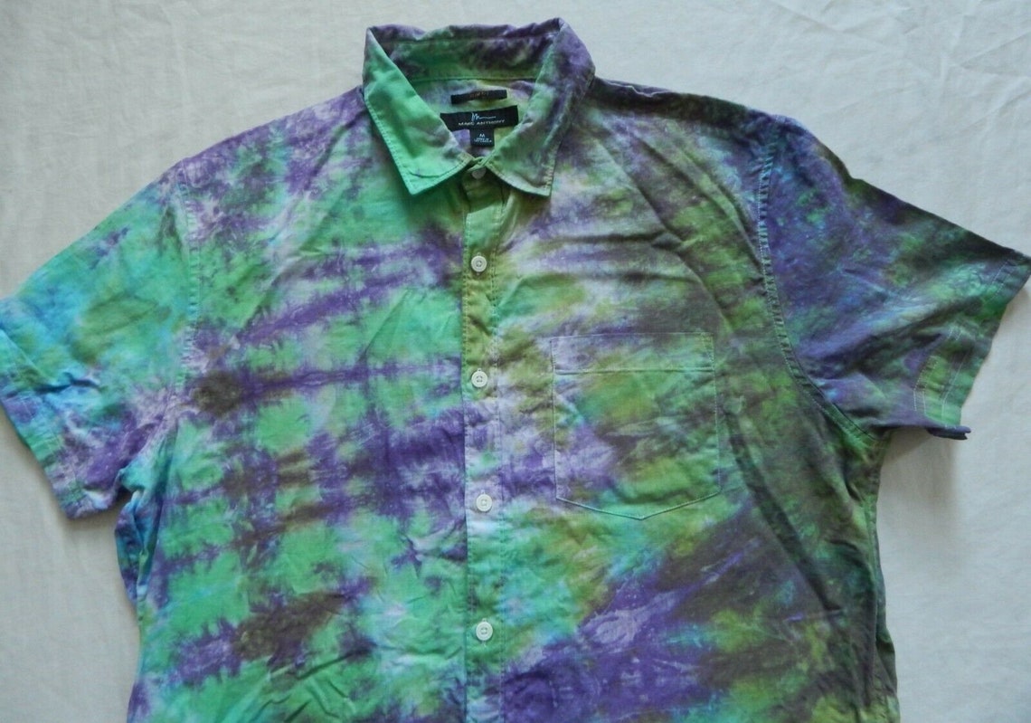 Tie Dye Green Purple Striped Short Sleeve Button Up Shirt | Etsy