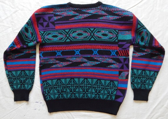 Purple Geometric Striped Pullover Sweater - Large… - image 2