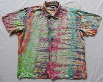 Silk Tie Dye Rainbow Striped Beach Camp Shirt - XL Mens Psychedelic Hand Made Green Pink