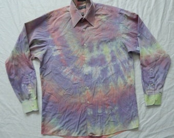 Tie Dye Purple Pink Long Sleeve Button Down Shirt - Medium Mens Hand Made Psychedelic