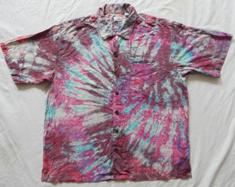 Silk Tie Dye Pink Red Spiral Black Short Sleeve Shirt - XL Mens Button Up