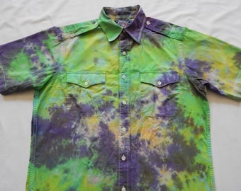 Tie Dye Green Purple Short Sleeve Button Up Shirt - Small Mens Hand Made