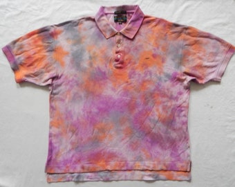 Tie Dye Lila Orange Pink Kurzarm Poloshirt - XL Herren Baumwolle Handgemacht