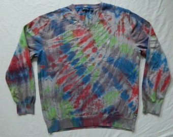 Tie Dye Gray Blue Red Green V-Neck Pullover Sweater - XL Mens Hand Made Cotton Striped