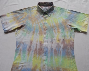 Tie Dye Green Blue Short Sleeve Button Up Shirt - XL Mens Hand Made Psychedelic