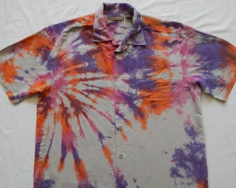 Tie Dye Purple Orange Spiral Short Sleeve Button Up Shirt - Large Mens Hand Made