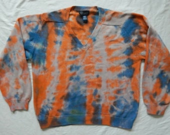 Tie Dye Blue Orange V-Neck Pullover Sweater - Large Mens Hand Made Cotton