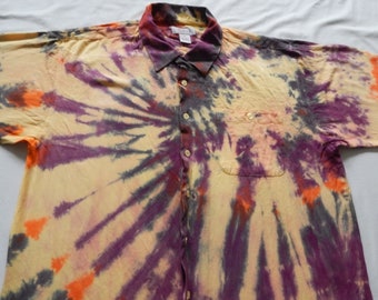 Tie Dye Purple Black Yellow Short Sleeve Button Down Shirt - XL Mens Hand Made Psychedelic