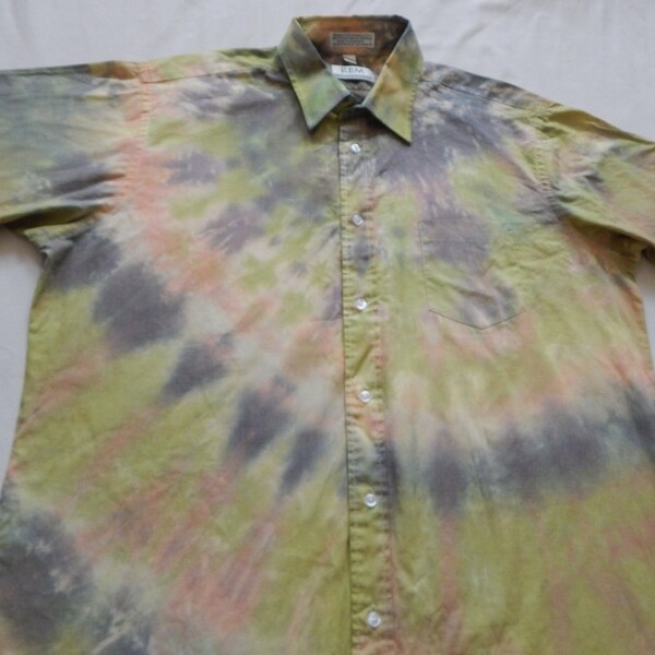 Tie Dye Green Black Orange Short Sleeve Button Up Shirt - XL Mens Hand Made