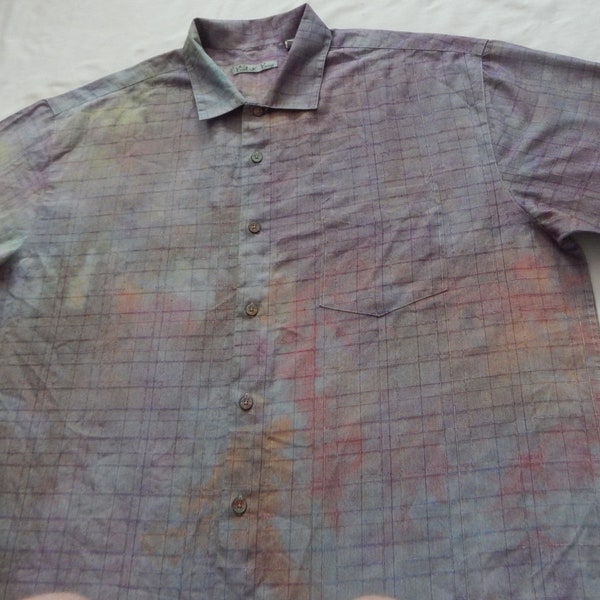 Tie Dye Purple Black Gray Short Sleeve Button Up Shirt - 2XL Hand Made XXL