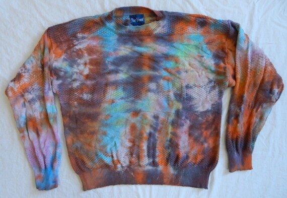 Tie Dye Rainbow Zwart Oranje Gebreide Crew Neck Sweater XL Heren Hand Made Cotton Etsy Nederland