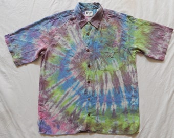 Silk Tie Dye Purple Green Blue Short Sleeve Button Up Shirt - Large Hand Made Mens