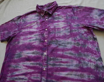 Purple Black Striped Tie Dye Short Sleeve Button Shirt - XL Mens Hand Made Psychedelic