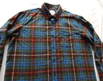 Blue Green Plaid Long Sleeve Chamois Flannel Shirt - Large Cotton L.L. Bean