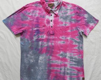 Tie Dye Schwarz Rosa Gestreift Kurzarm Poloshirt Große Glück Baumwolle Handgemacht
