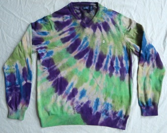 Tie Dye Purple Green Blue V-Neck Pullover Sweater - XL Mens Cotton Hand Made IZOD