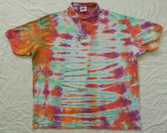 Tie Dye Lila Grün Orange Gestreift Kurzarm Poloshirt - 2XL Herren Baumwolle Hand Made