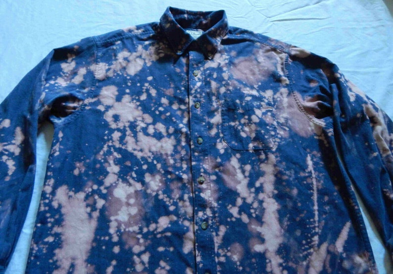 Bleach Tie Dye Blue Long Sleeve Button Down Shirt Bean Hand Made Psychedelic Large Mens L.L
